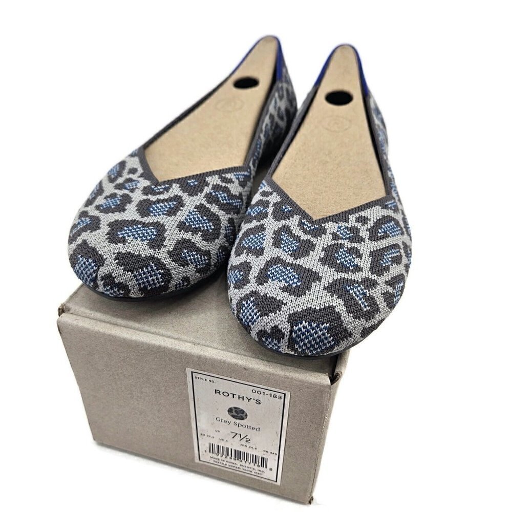 New Rothys The Flat Grey Spotted Womens 7.5 Ballet Flat Shoes Leopard